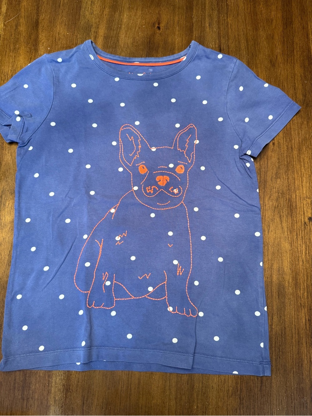 Mini Boden Navy Blue Polka Dot Tee with Neon Orange Dog Outline